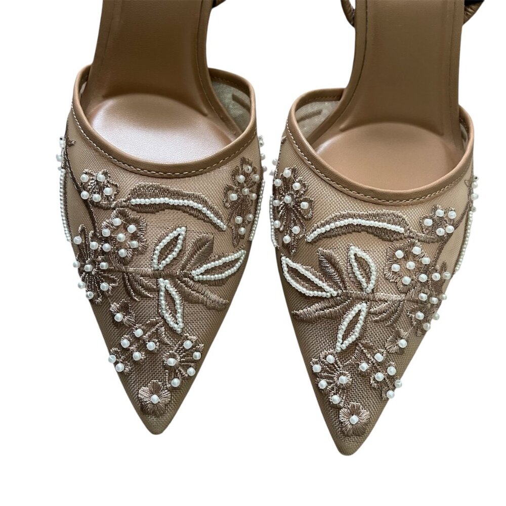 Zara Embroidered Mesh Slingback Heels Brown Size 10 Pointed Toe NWT Party Bridal - Picture 6 of 9